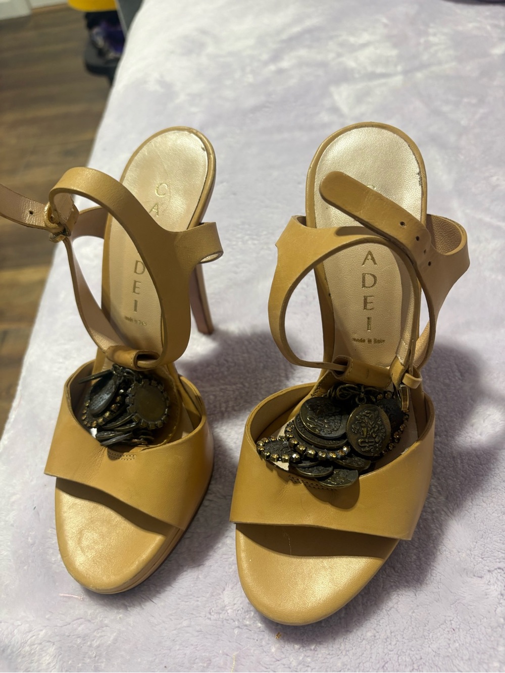 Casadei Tan Leather Coin-Detail High Heel Sandals